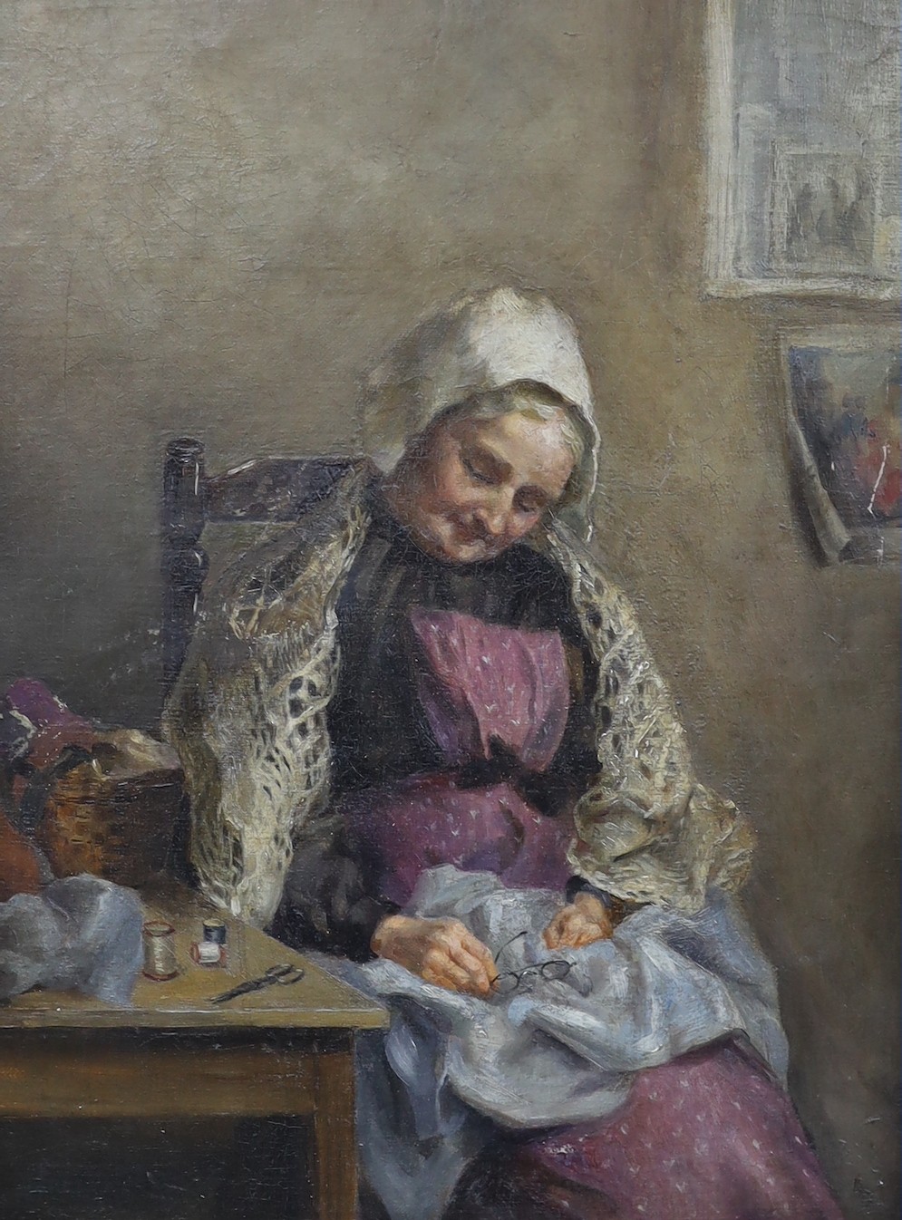 Newlyn School, oil on canvas, Interior with sleeping seamstress, 40 x 30cm.